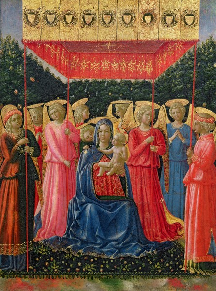 Fra Angelico, The Virgin and Child with Angels, c.1440-50 (tempera on panel) (Maria, Jesuskind, Garten, Engel, Baldachin, Wunschgröße, Schlafzimmer, Wohnzimmer, religiös, christlich, Frührenaissance, Wunschgröße, bunt)