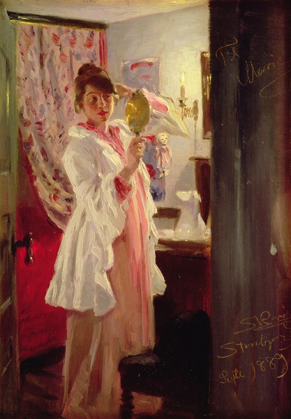 Peder Severin Kroyer, Interior with the Artist's Wife, 1889 (panel) (Wunschgröße, Klassiker, Malerei, Frau, Bad, Spiegel, Morgentoilette, Künstlergattin, Portrait, Wunschgröße, bunt)