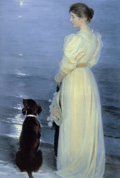 Peder Severin Kroyer, Summer Evening at Skagen, the Artist's Wife with a Dog on the Beach, 1892 (Klassiker, Malerei, Impressionismus, Norwegen, Meer, Strand, Sommerabend, Frau, Spaziergang, Hund, Melancholie, Licht, Refexion, Wohnzimmer, Treppenhaus, Wunschgröße, bunt)