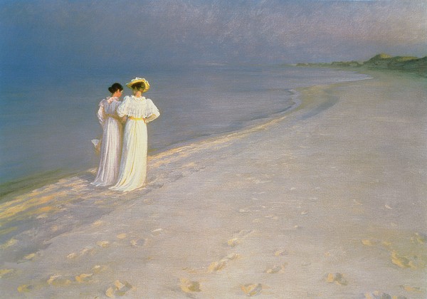 Peder Severin Kroyer, Summer Evening on the Skagen Southern Beach with Anna Ancher and Marie Kroyer, 1893 (oil on canvas) (Klassiker, Malerei, Impressionismus, Norwegen, Meer, Strand, Sommerabend, Frauen, Spaziergang, Wohnzimmer, Arztpraxis, Wunschgröße, blau / beige)