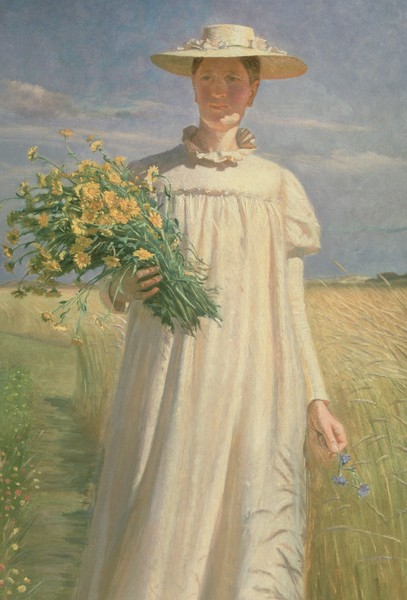 Michael Peter Ancher, Anna Ancher returning from Flower Picking, 1902 (Malerei, Impressionismus, Frau, KünstlerGattin, Blumen pflüken, Idylle, Sommer, Spaziergang, romatisierend, Klassiker, Wohnzimmer, Schlafzimmer, bunt)