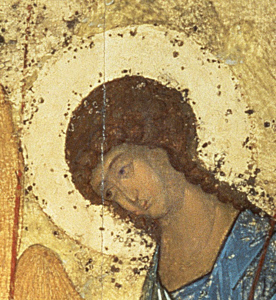 Andrei Rublev, Detail from The Holy Trinity, 1420s (tempera on panel) (detail) (see 39517) (Ikone, 14. Jahrhundert, Dreifaltigkeit, Detail, Gott, Christus, heiliger Geist, Klassiker, russisch, Ikonenmalerei, Schlafzimmer, Wohnzimmer, Wunschgröße, gold/bunt)