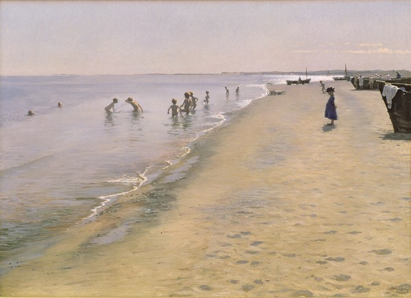 Peder Severin Kroyer, Summer Day at the South Beach of Skagen, 1884 (Klassiker, Malerei, Meerebrise, Impressionismus, Norwegen, Meer, Strand, Badende, Spaß, Sommer, Wohnzimmer, Wunschgröße, bunt)