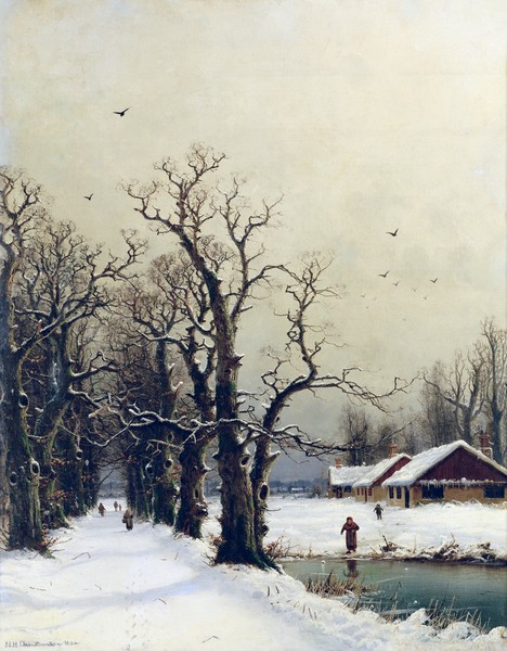 Nils Hans Christiansen, Winter scene, 19th century (Landschaft, Winterlandschaft, Schnee, verschneit, karg, kahle Bäume, Dänemark, Klassiker, Landschaftsmalerei, Wohnzimmer, Wunschgröße)