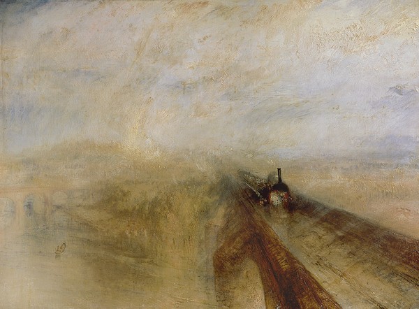 Joseph Mallord William Turner, Rain Steam and Speed, The Great Western Railway, painted before 1844 (oil on canvas) (Brücke, eisenbahnbrücke, Eisenbahn, Dampflok, Dampf, Bewegung, Romantik, Freilichtmalerei, Klassiker, Wohnzimmer, Wunschgröße, bunt)