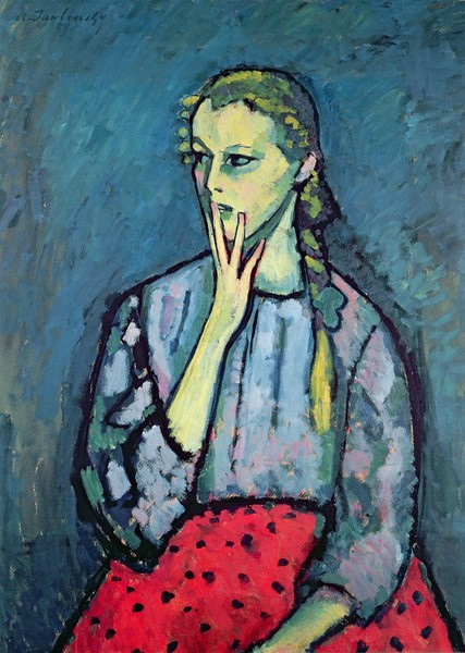 Alexej von Jawlensky, Portrait of a Young Girl (oil on canvas) (Klassische Moderne,  Expressionismus, Portrait, Mädchen, junges Mädchen, Zopf, Malerei,  Wohnzimmer, Treppenhaus, Wunschgröße, bunt)