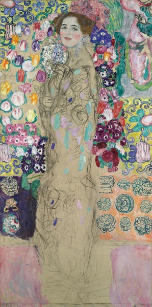 Gustav Klimt, Portrait of Ria Munk III, unfinished, 1917-18 (oil and charcoal on canvas) (Klassische Moderne,dekorativ, Jugendstil, Eros&People, Frau, Portrait, Ornamente, geometrische Formen, bunt, Wohnzimmer, Treppenhaus, Schlafzimmer, Malerei, Wunschgröße)
