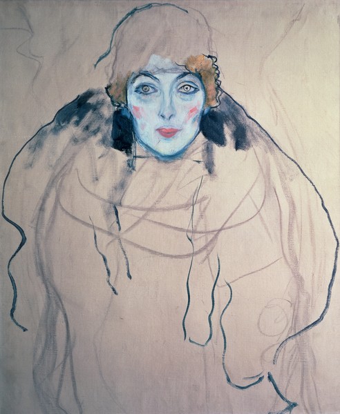 Gustav Klimt, Head of a Woman, 1917 (oil on canvas) (Klassische Moderne, Zeichnung,   Jugendstil, Eros&People, junge Frau, Blick,  Portrait, Wohnzimmer, Treppenhaus, Schlafzimmer, Wunschgröße, schwarz/weiß, coloriert)