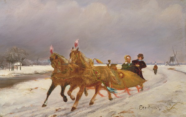 Otto Eerelman, Troika in the Snow (Schlitten, Pferdeschlitten, Schlittenfahrt, Winter, Winterlandschaft, Schnee, Spaß, Vergnügen, Wunschgröße, Wohnzimmer, Malerei, bunt)