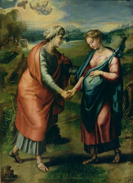 Raphael, The Visitation (Heimsuchung, Madonna, Maria, Heilige Elisabeth, schwanger, Landschaft, christlich, Religion, Renaissance, Malerei, Klassiker, Wunschgröße, Wohnzimmer, bunt)