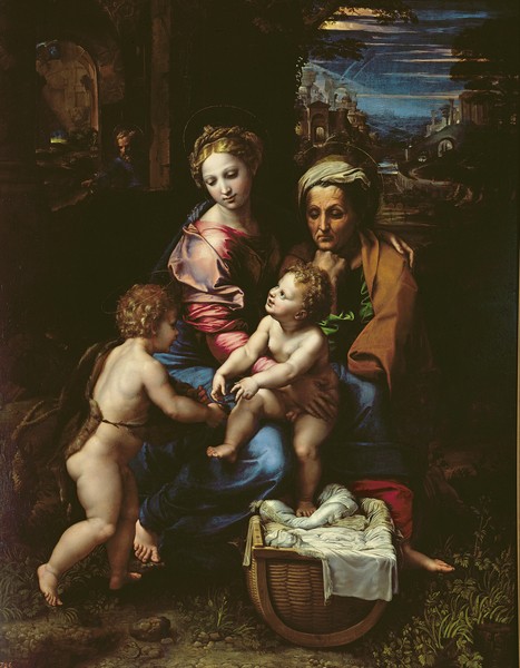 Raphael, The Holy Family (La Perla) c.1518 (oil on panel) (Heilige Familie, Maria, Elisabeth, Joseph, Jesus, Johannes, Wiege, Kinderbettchen, Ruinen, Religion, Renaissance, Malerei, Klassiker, Wunschgröße, Wohnzimmer, bunt)