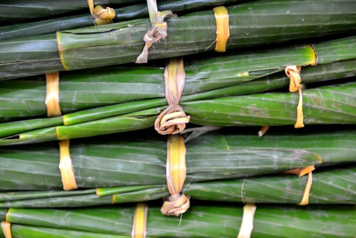 Hady Khandani, BANANA TREE LEAVES 2 (Bananenblätter, gefaltet, Stapel,Nahaufnahme, Fotografie, Wohnzimmer, Treppenhaus, Esszimmer, Wunschgröße, bunt)