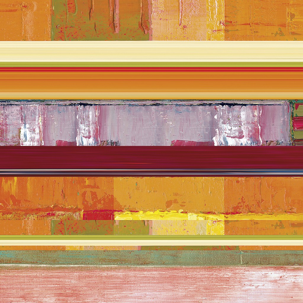 Winfried Becker, Hazy Morning (Abstrakt, zeitgenössische Malerei, Streifen, Horizontale, Farbfelder, Wohnzimmer, Büro, Arztpraxis, orange/bunt)