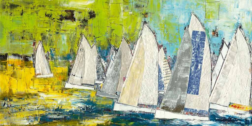 Heinke Böhnert, Lucky Day (Segeln, Segelboote, Wassersport, Regatta, abstrakter Hintergrund, Meeresbrise, zeitgenössische Malerei, pastos, gespachelt, modern, Wohnzimmer, Treppenhaus, Badezimmer, bunt)