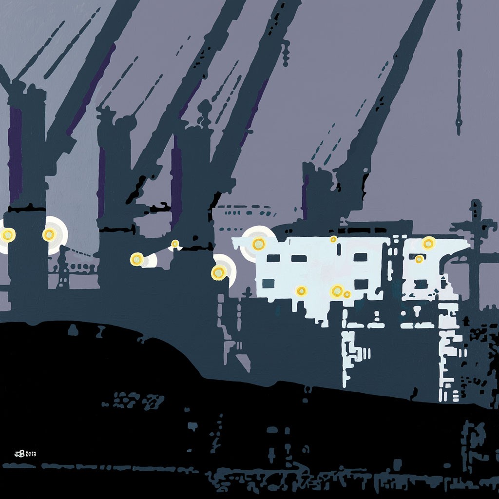 Dirk Bunte, Auf Reede (Grafik, Kräne, Ladekräne, Hafen, Reederei, modern, Negativeffekt, Industrie, Wohnzimmer, Büro, Treppenhaus,)