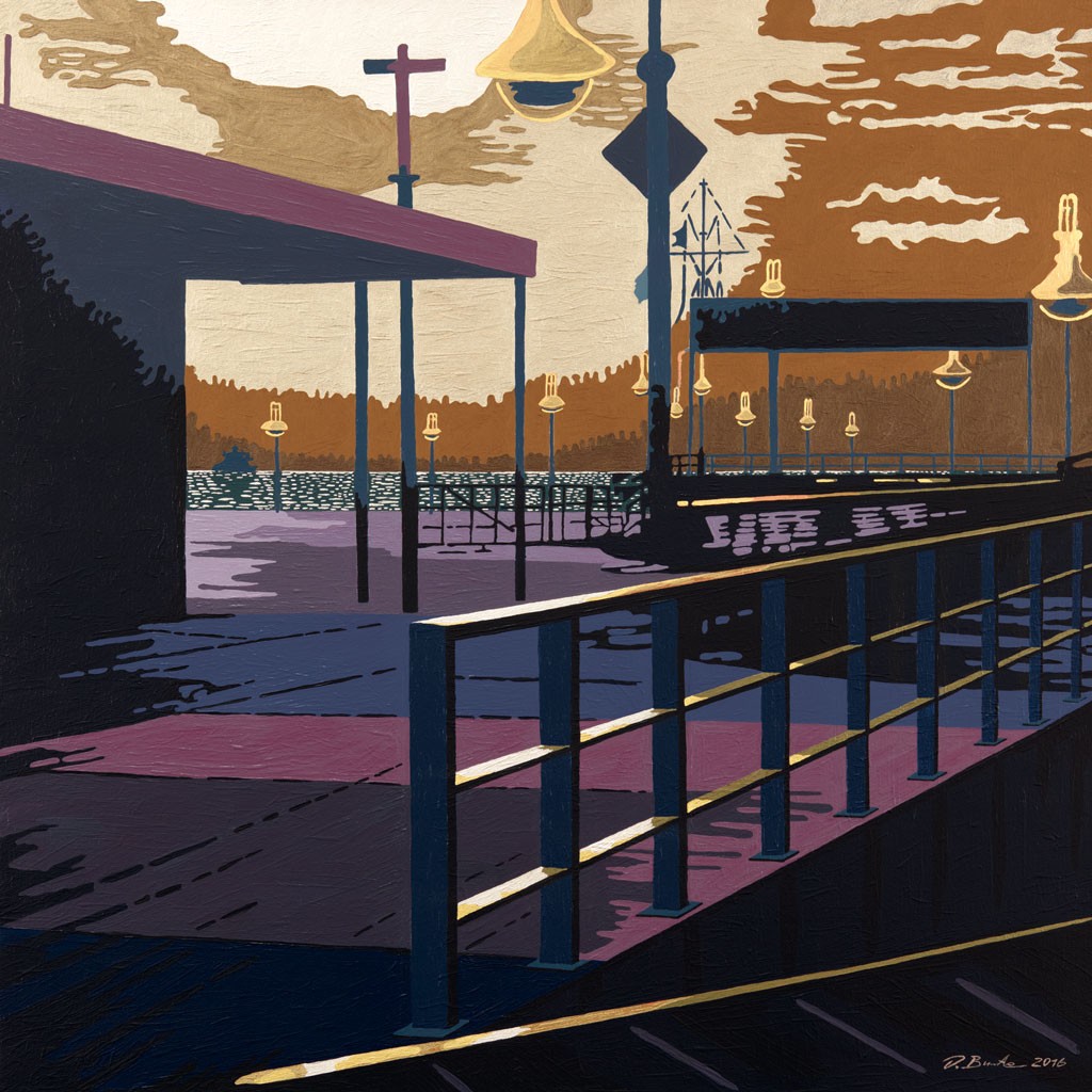 Dirk Bunte, Brücke 2 (Brücke, Geländer, Laternen, Gebäude, modern, Negativeffekt, Industrie, Wohnzimmer, Büro, Treppenhaus,)