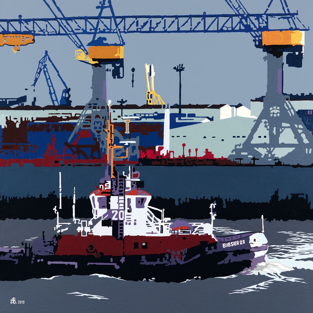 Dirk Bunte, Schlepper (Grafik, Kräne, Ladekräne, Hafen, Schiff, Schlepper, modern, Negativeffekt, Industrie, Wohnzimmer, Büro, Treppenhaus,)