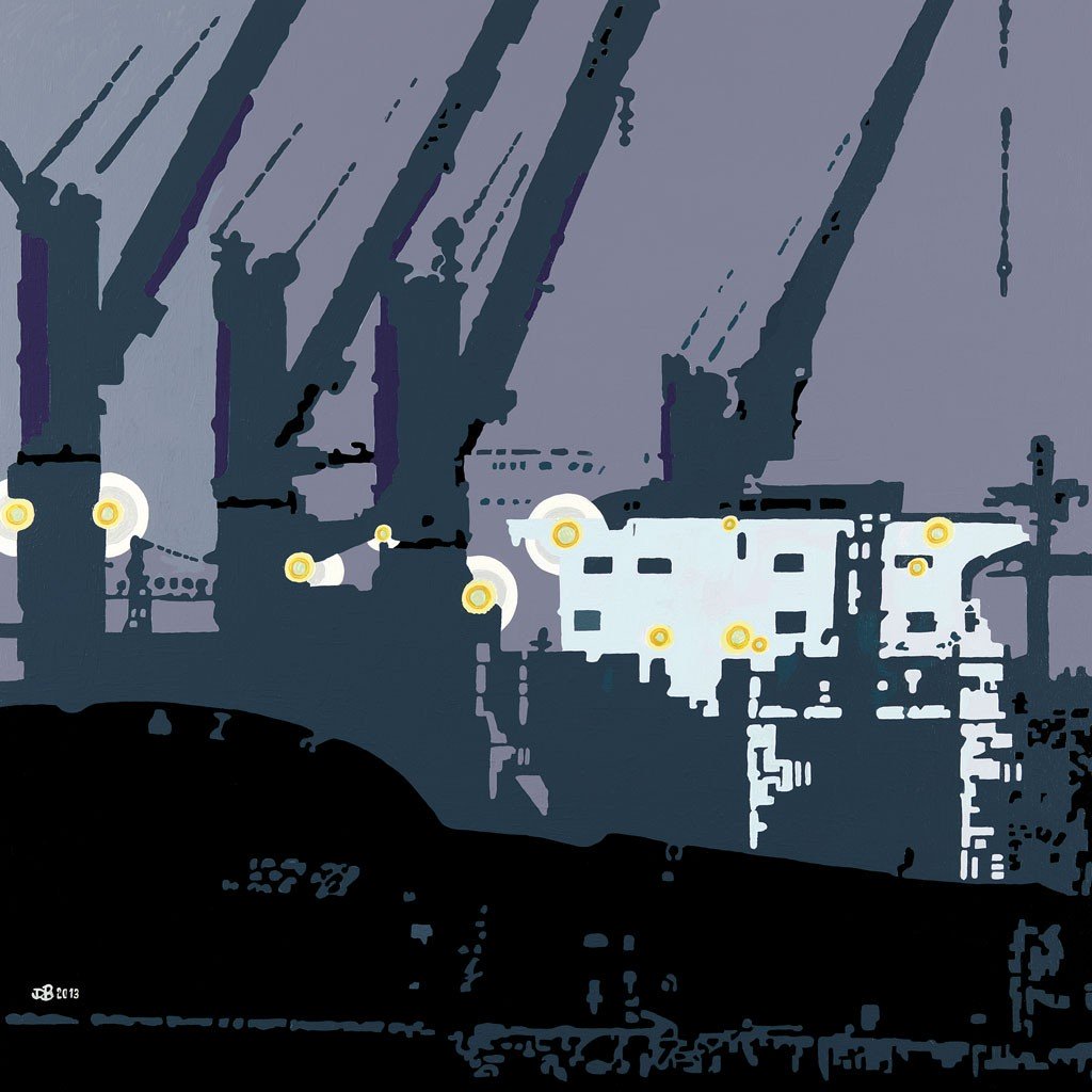 Dirk Bunte, Auf Reede (Grafik, Kräne, Ladekräne, Hafen, Reederei, modern, Negativeffekt, Industrie, Wohnzimmer, Büro, Treppenhaus,)