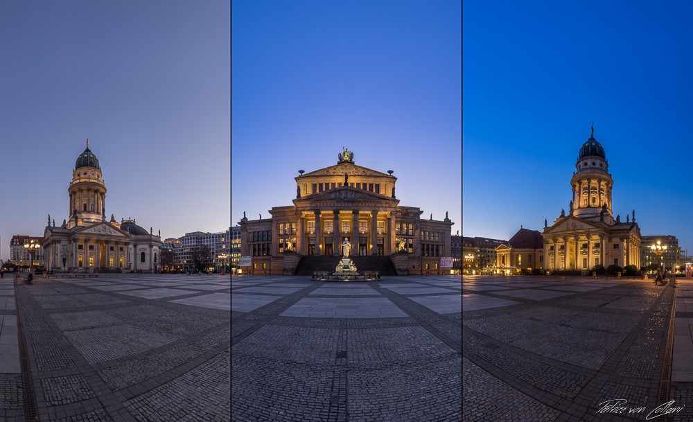 Konfiguration benutzen (Berlin, Städte, Metropole, Platz, Gebäude, Panorama, Deutscher Dom,  Französischer Dom, Konzerthaus, Fotokunst, Tryptichon, Dämmerung, Wunschgröße, Wohnzimmer)