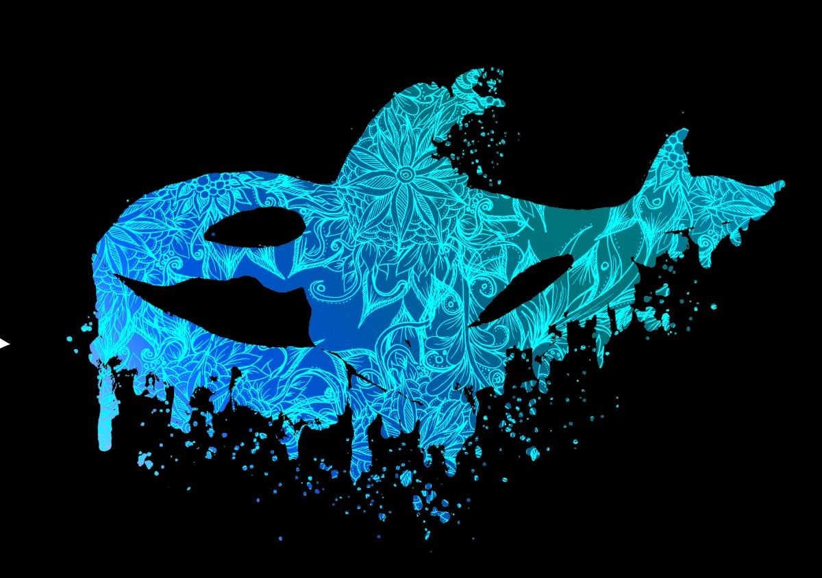 Konfiguration benutzen (Orca, Killerwal, Schwertwal, Unterwasser, Tiere, Mandala,  florales Muster, Silhouette, Wunschgröße, zeitgenössisch, Treppenhaus, Wohnzimmer, Jugendzimmer, blau/schwarz)