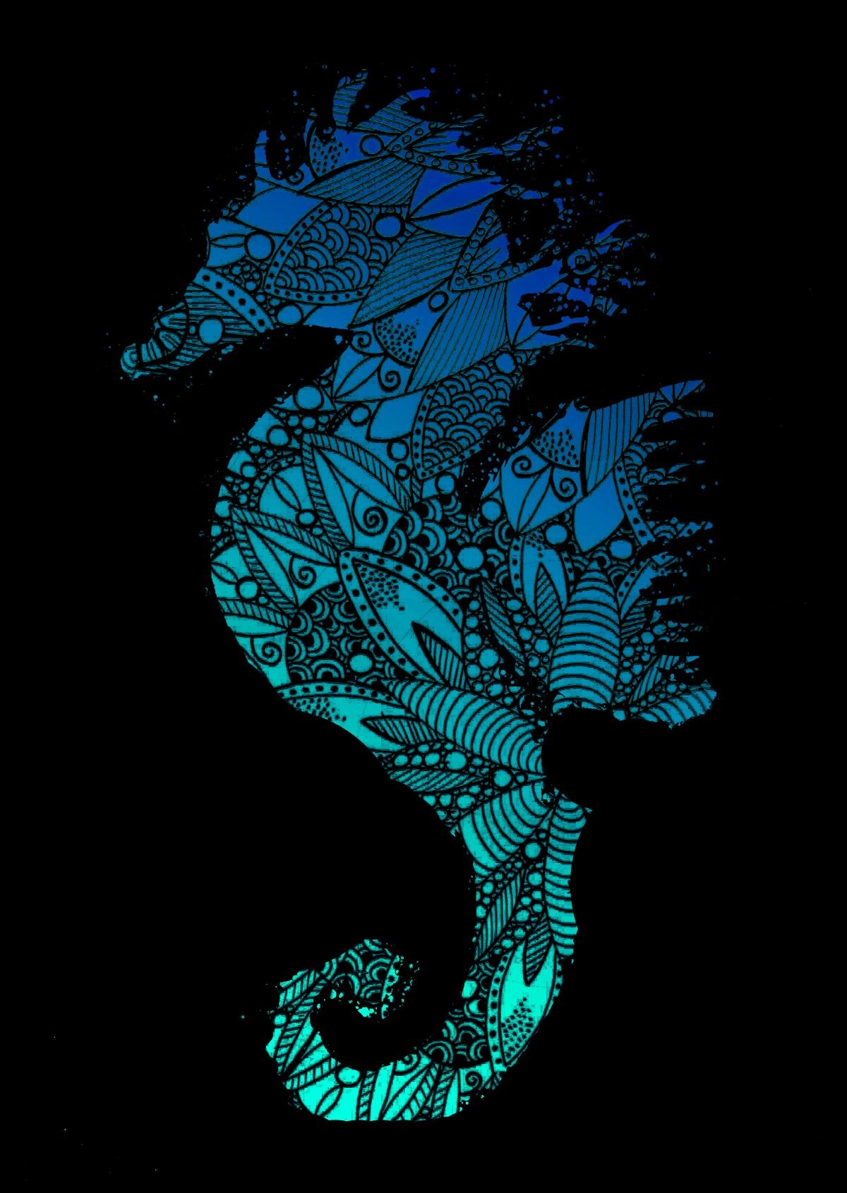 Konfiguration benutzen (Seepferdchen, Tiere, Silhouette, Mandala, Muster, Abstrakt, Wunschgröße, zeitgenössisch, Treppenhaus, Wohnzimmer, Jugendzimmer, blau/schwarz)