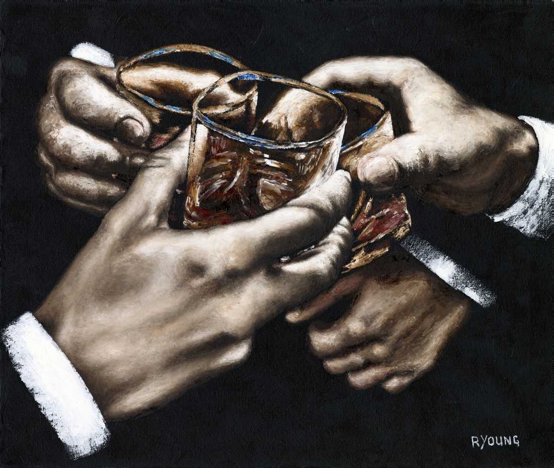 Konfiguration benutzen (Anstoßen, Prost, Skoll, Salute, Whiskygläser, Männerhände, zeitgenössischer Realismus, Wohnzimmer, Bar, Wunschgröße, bunt)