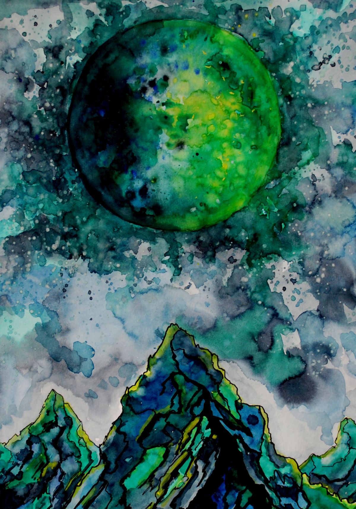 Konfiguration benutzen (Weltraum, Universum, Planeten,  Himmel, Nacht, Berge, Gipfel, surreal, Galaxis,  Aquarell,  Wunschgröße, zeitgenössisch, Treppenhaus, Wohnzimmer, Jugendzimmer, grün/blau)