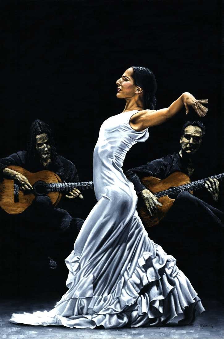 Konfiguration benutzen (Flamenco, Ballett, Tänzerin, Flamenco, Energie, Tanz, Frau, Temperament, Konzentration, Musiker, Malerei, zeitgenössischer Realismus, Wohnzimmer, Wunschgröße, bunt)