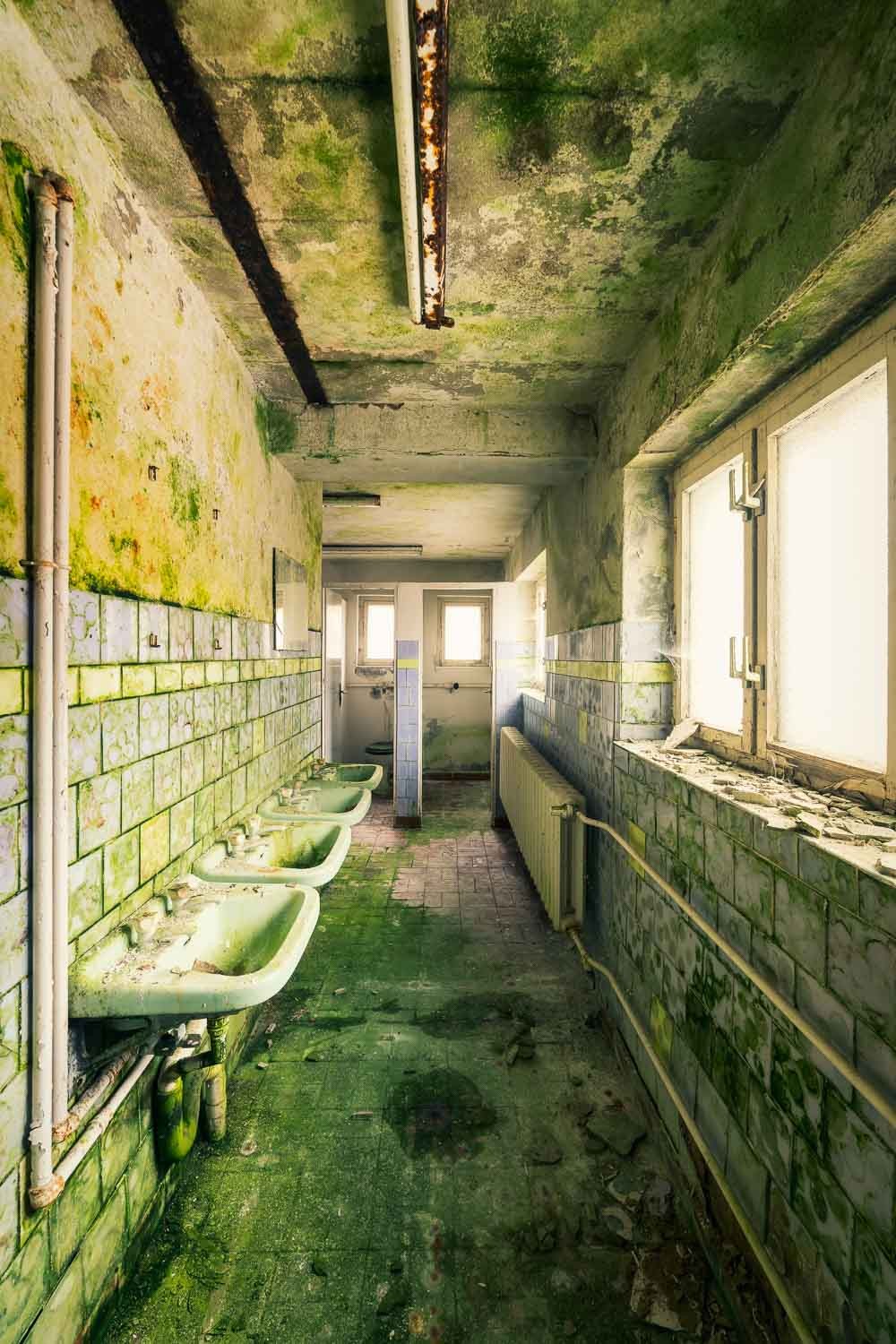 Konfiguration benutzen (Waschraum, Waschbecken, Moos, Grünspan, Architektur, Verfall, Zerstörung, Vergänglichkeit, Melancholie, morbid, Wohnzimmer, Fotokunst, Wunschgröße, bunt)