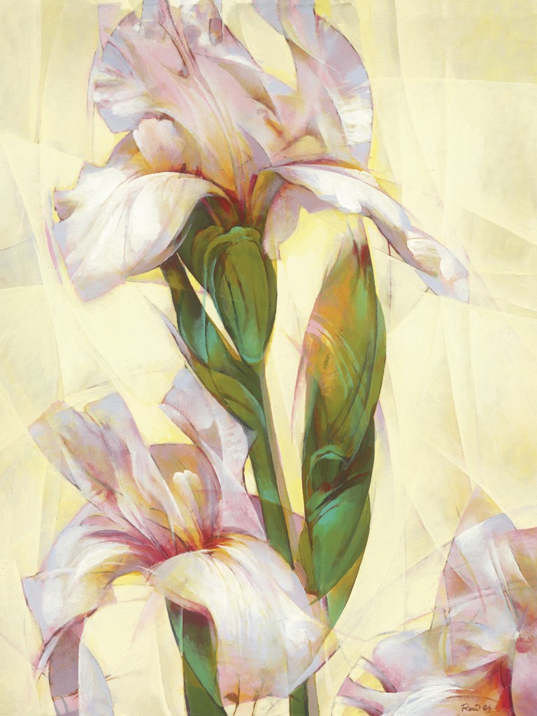 Janusz Remi, Iris (Iris, Blumen, Blüten, Blütenblätter, zart, filigran, frisch, Frühling, Treppenhaus, Wohnzimmer, weiß/rosa)