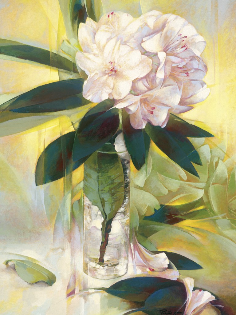 Janusz Remi, Rhododendron (Stillleben, Blumenvase, Glasvase, Blumen, Blüten, Blütenblätter, zart, filigran,  Treppenhaus, Wohnzimmer, Malerei,  bunt)