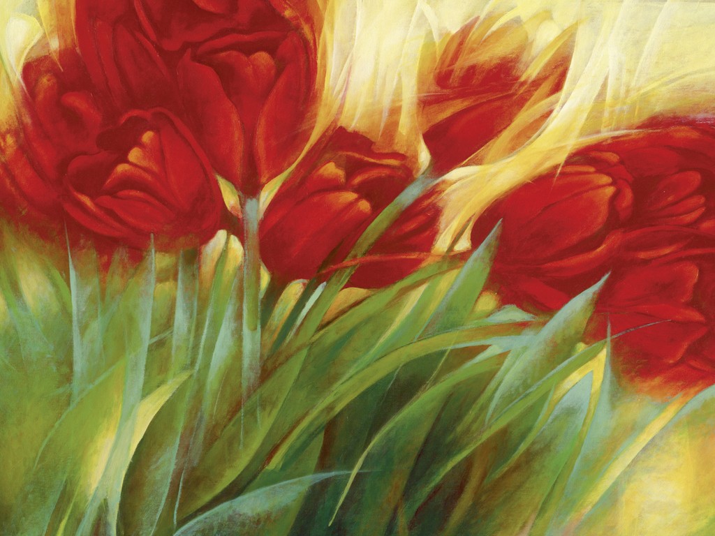 Janusz Remi, Rote Tulpen 1 (Tulpen, Blumen, Blüten, Blütenblätter, zart, filigran, frisch, Frühling, Treppenhaus, Wohnzimmer, rot)