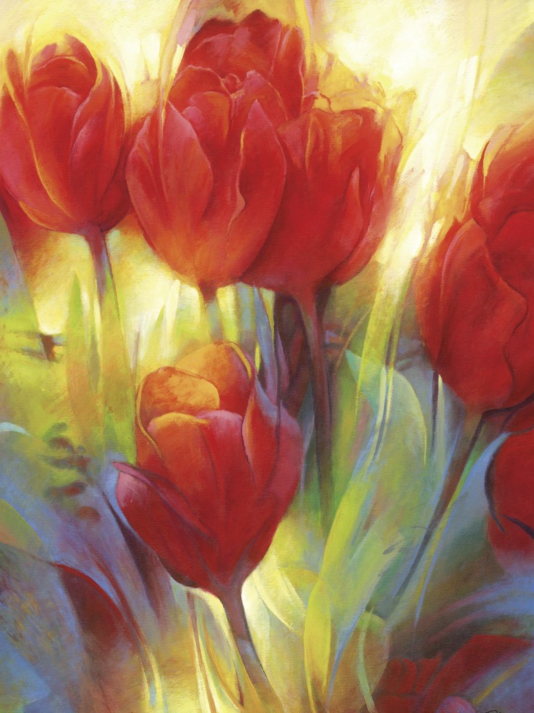 Janusz Remi, Rote Tulpen 2 (Tulpen, Blumen, Blüten, Blütenblätter, zart, filigran, frisch, Frühling, Treppenhaus, Wohnzimmer, rot)