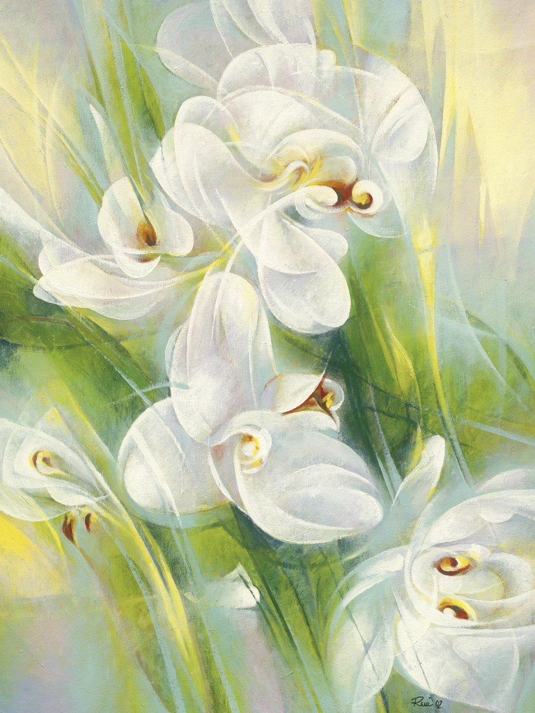 Janusz Remi, Orchideen (Orchideen, Blumen, Blüten, Blütenblätter, zart, filigran, frisch, Frühling, Treppenhaus, Wohnzimmer, weiß)