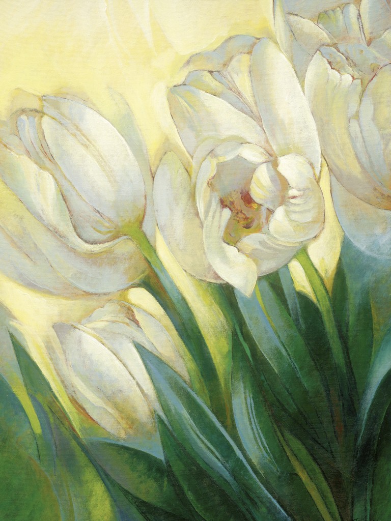 Janusz Remi, Weiße Tulpen 1 (Tulpen, Blumen, Blüten, Blütenblätter, zart, filigran, frisch, Frühling, Treppenhaus, Wohnzimmer, weiß)