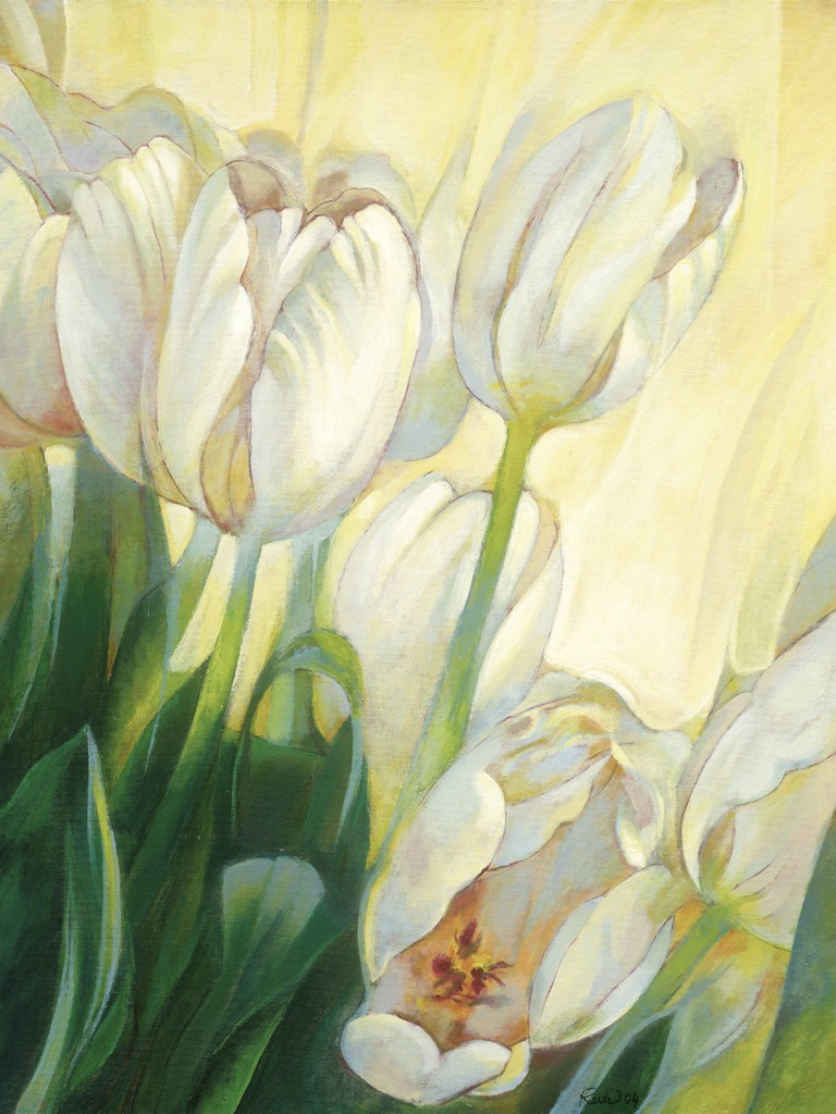 Janusz Remi, Weiße Tulpen 2 (Tulpen, Blumen, Blüten, Blütenblätter, zart, filigran, frisch, Frühling, Treppenhaus, Wohnzimmer, weiß)
