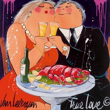 El van Leersum, True Love (Modern, Pop Art,  Gesellschaft, Liebespaar, verliebt, Genießen, Genuss, Hummer, Restaurant, Komisch, Lustig, Spaß, Wohnzimmer, Gastronomie, Bistro, Cafe, Esszimmer, bunt)