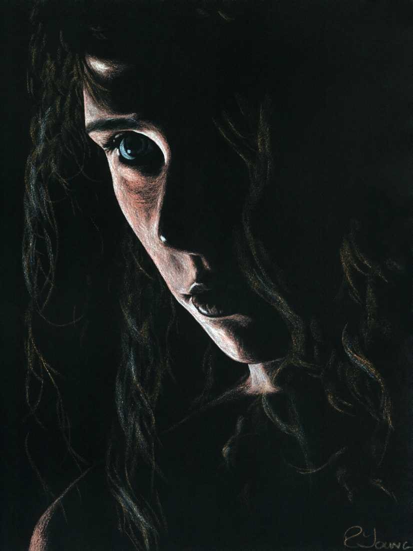 Konfiguration benutzen (Portrait, Gesicht, Blick, Frau, Malerei, zeitgenössischer Realismus, Wohnzimmer, Treppenhaus, Wunschgröße, düster, bunt)