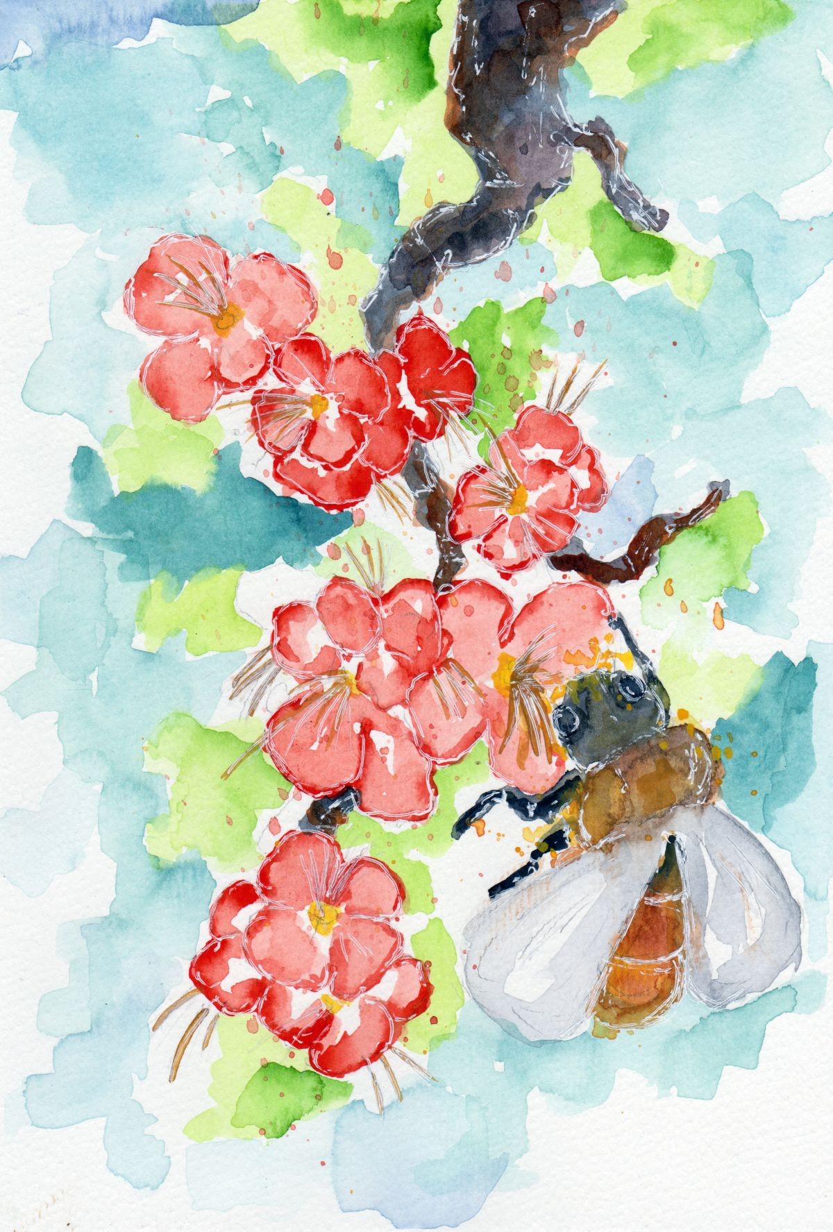 Konfiguration benutzen (Baum, Blüten, Blätter, Biene, Pollen, Nektar, Frühling,  Aquarell,  Wunschgröße, zeitgenössisch, Treppenhaus, Esszimmer,)