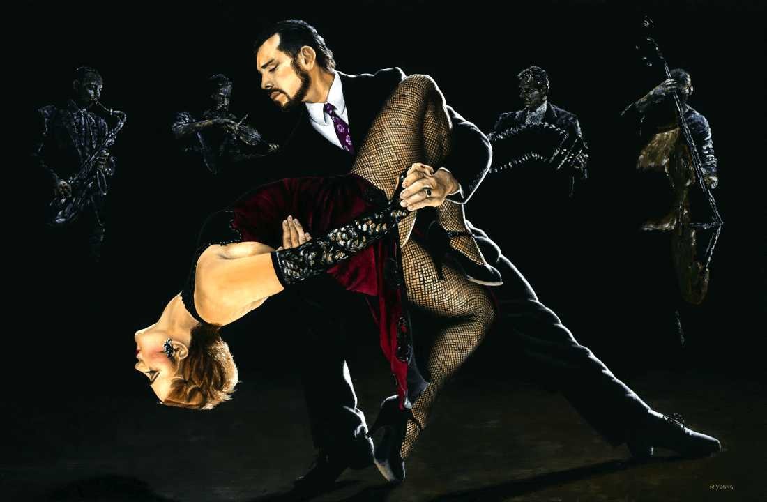 Konfiguration benutzen (Tanzpaar, Tango, erotisch, emotional, Tanz, Frau, Mann, Malerei, zeitgenössischer Realismus, Wohnzimmer, Wunschgröße, bunt)
