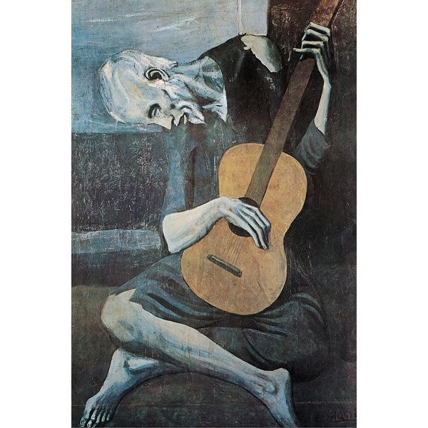 Pablo Picasso, The Old Guitarist,  (Klassische Moderne, Malerei, Blaue Periode, Alter Mann, Gitarrenspieler, Tristesse, Melancholie, Wohnzimmer,  Schlafzimmer, blau / grau)