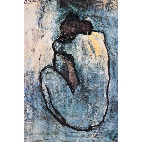 Pablo Picasso, Blue Nude (Klassische Moderne, Malerei, Blaue Periode, Frau, Akt, nackt, Rückenakt, Tristesse, Melancholie, Wohnzimmer,  Schlafzimmer, blau / grau)