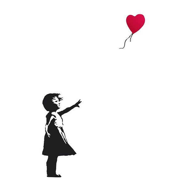 Banksy, Girl with Balloon (Streetart, Graffiti, Sprüher, Mädchen, Luftballon, Herz, Wandmalerei, modern, zeitgenössisch, Jugendzimmer, Wohnzimmer, schwarz/weiß/rot)