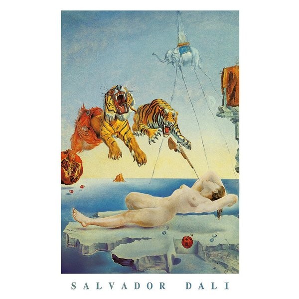 Salvador Dali, Dream Caused By A Bee Flight (Malerei, Surrealismus, Tiger, Traum, Akt, Erotik, Schlafende, Klassische Moderne, Fantasie, Wohnzimmer, Treppenhaus,  bunt)