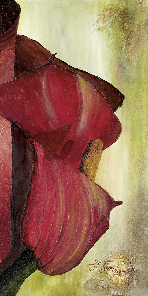 Heidi Gerstner, Rote Calla  (2 Motive) rechts (Calla, Blume, Blüte, Blütenblatt, modern, Malerei, Treppenhaus, Wohnzimmer, Esszimmer, bunt)