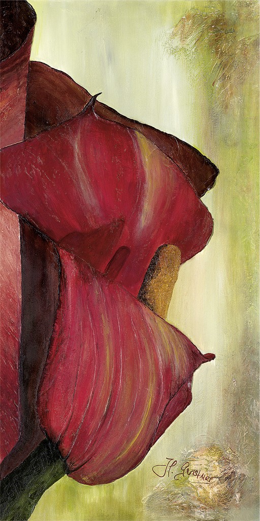 Heidi Gerstner, Rote Calla  (2 Motive) rechts (Calla, Blume, Blüte, Blütenblatt, modern, Malerei, Treppenhaus, Wohnzimmer, Esszimmer, bunt)