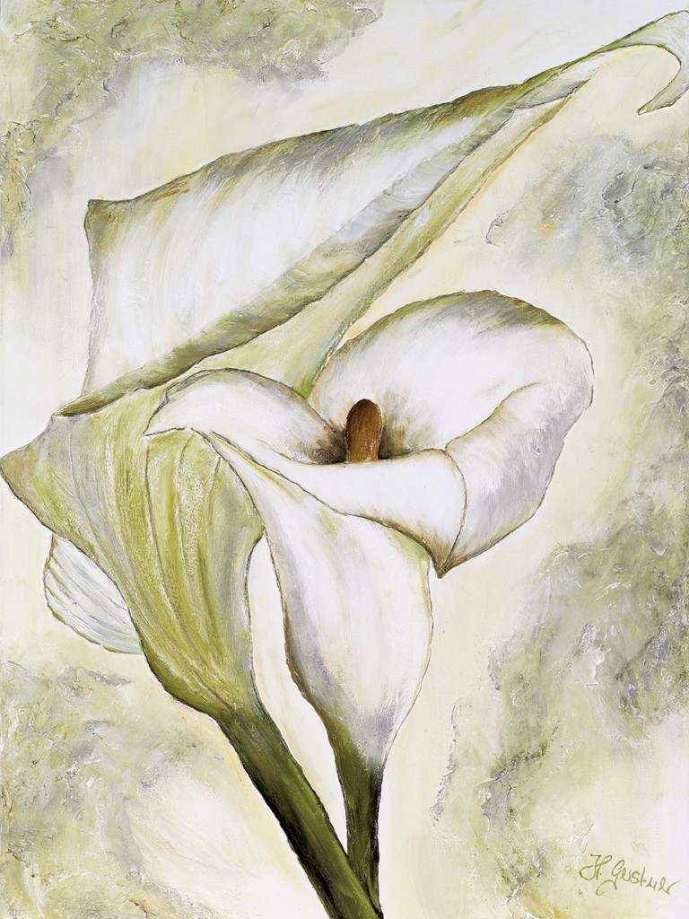 Heidi Gerstner, Weiße Calla (Calla, Blume, Blüte, Blütenblatt, modern, Malerei, Treppenhaus, Wohnzimmer, Esszimmer, weiß/grau)