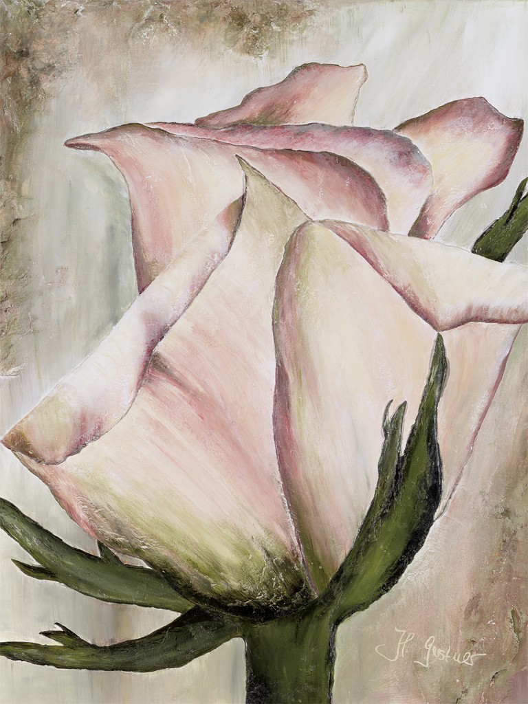 Heidi Gerstner, Rose in Altrosa (Rose, Blume, Blüte, Blütenblätter, modern, Malerei, Treppenhaus, Wohnzimmer, Esszimmer, rosa/grau)