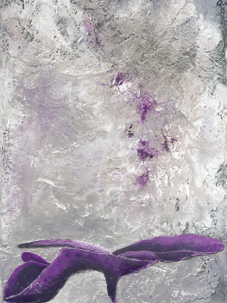 Heidi Gerstner, Deep Purple One (Blume, Blüte, Blütenblatt, abstrahiert,abstrakte Malerei, modern, Malerei, Treppenhaus, Wohnzimmer, Esszimmer, lila/grau)