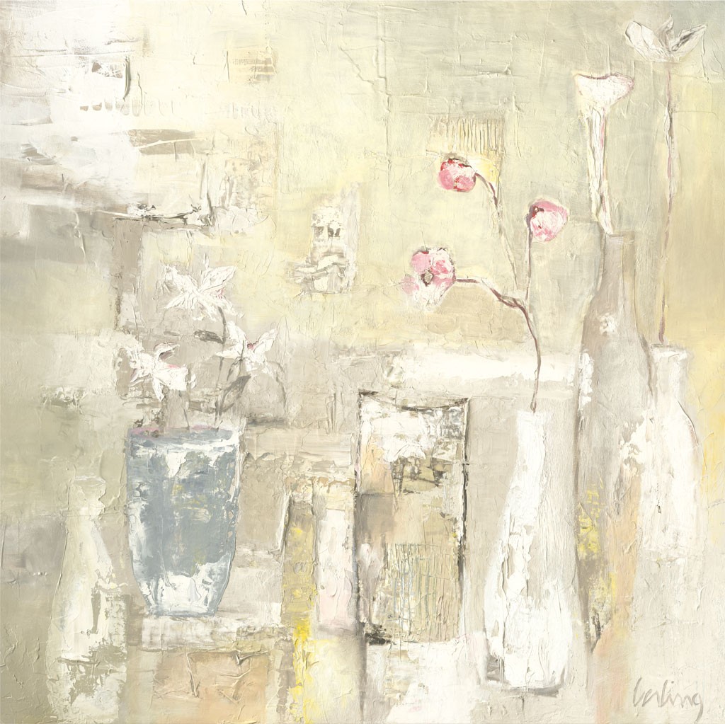 Vera Gerling, Stilles Leben (Abstrakt, Abstrakte Malerei, Stilleben, Flasche, Blumenvase, Farbmuster, verschwommen, unscharf, Malerei, Wohnzimmer, Büro, Business, pastell)
